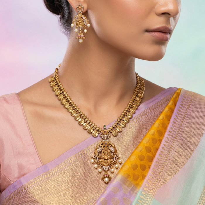 Antique temple design short necklace and earrings S1B1308