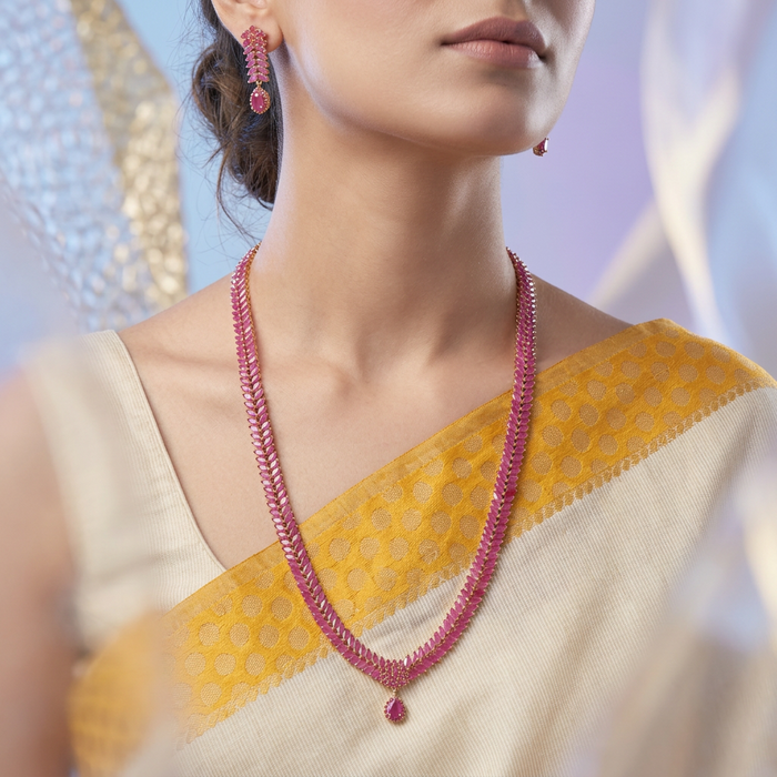 Heritage gold plated ruby stone long necklace with earrings RUB210