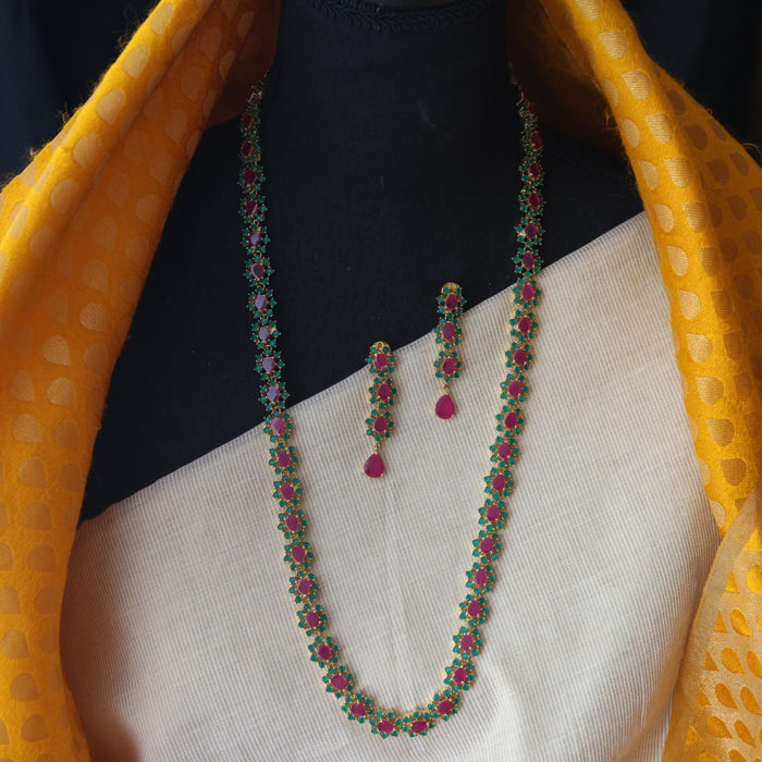 Heritage gold plated ruby green stone long necklace with earrings RUB212