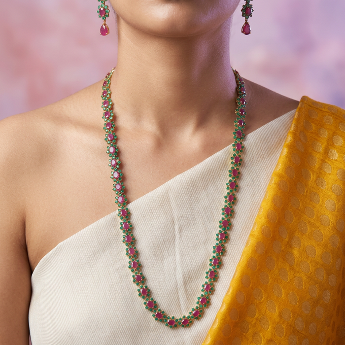 Heritage gold plated ruby green stone long necklace with earrings RUB212