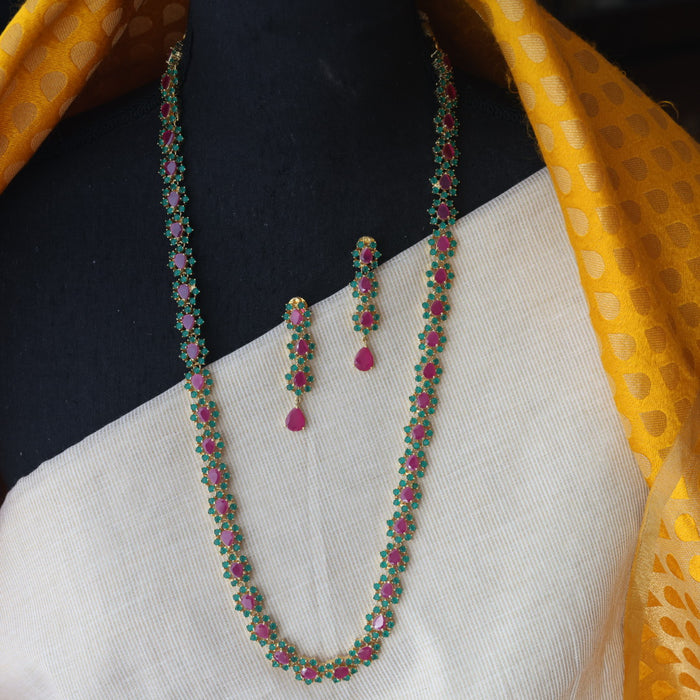 Heritage gold plated ruby green stone long necklace with earrings RUB212