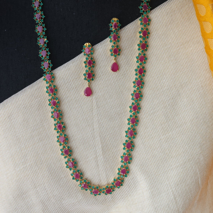 Heritage gold plated ruby green stone long necklace with earrings RUB212