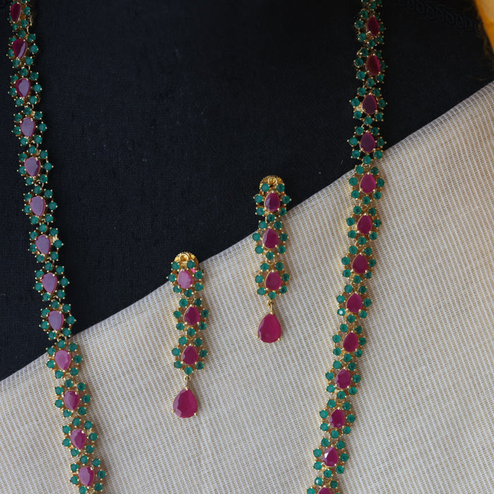 Heritage gold plated ruby green stone long necklace with earrings RUB212