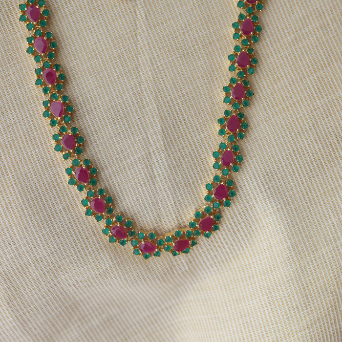 Heritage gold plated ruby green stone long necklace with earrings RUB212