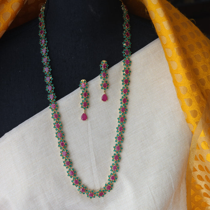 Heritage gold plated ruby green stone long necklace with earrings RUB212