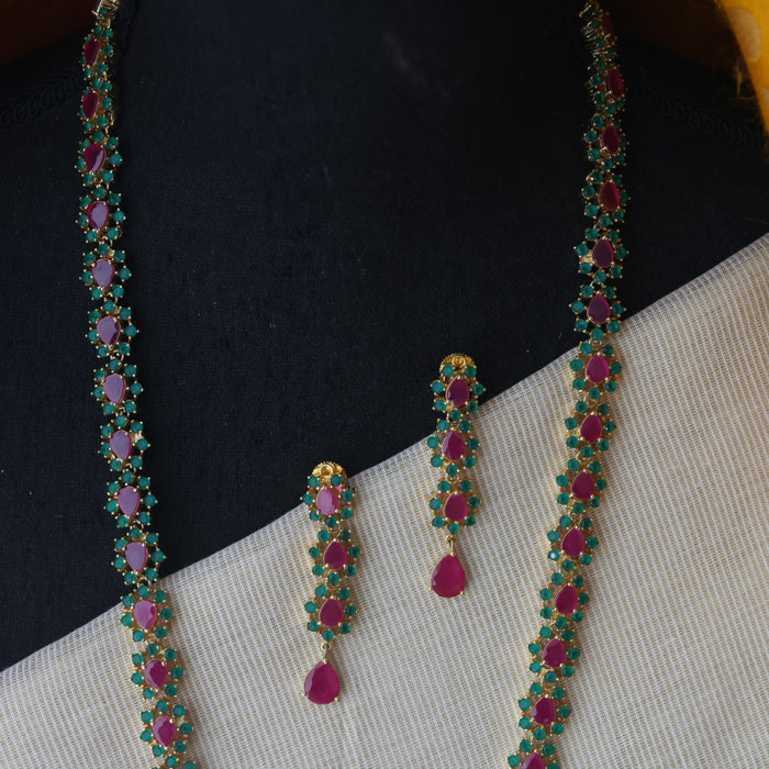 Heritage gold plated ruby green stone long necklace with earrings RUB212