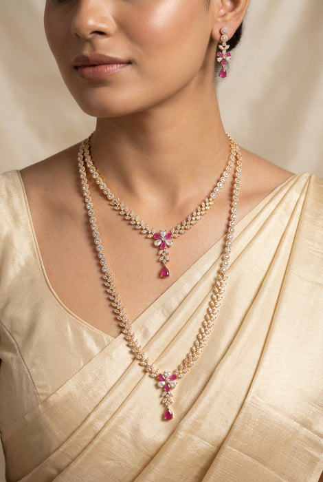 Heritage gold plated ruby white stone long and short necklace with earrings HLS1101