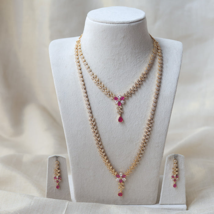Heritage gold plated ruby white stone long and short necklace with earrings HLS1101
