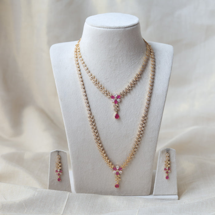 Heritage gold plated ruby white stone long and short necklace with earrings HLS1101