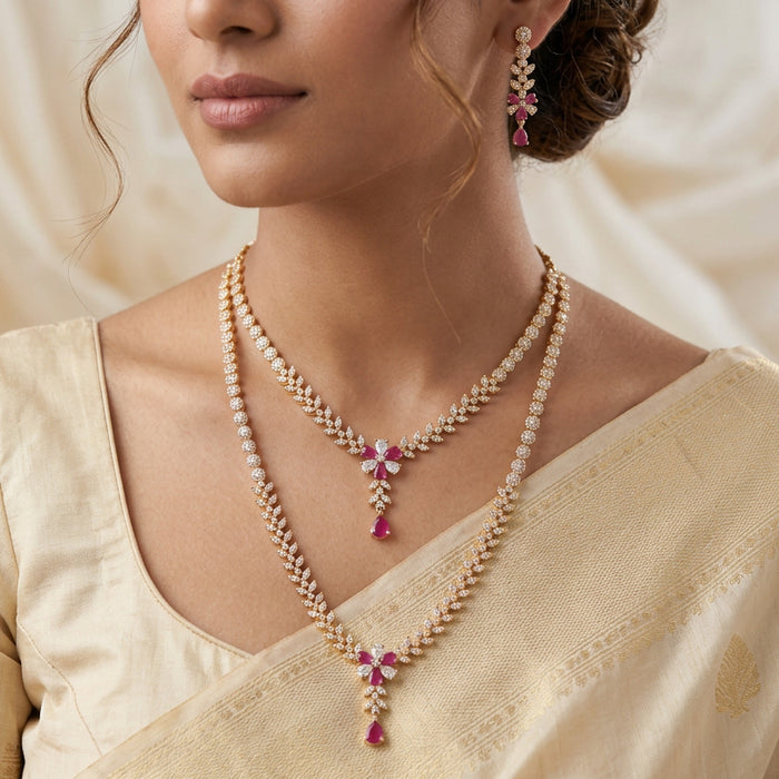 Heritage gold plated ruby white stone long and short necklace with earrings HLS1101