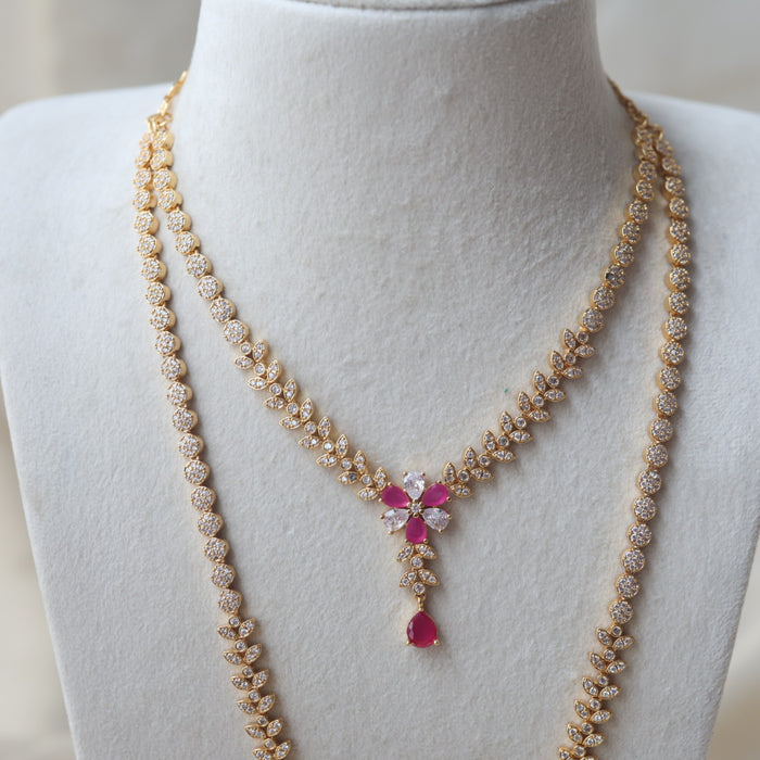 Heritage gold plated ruby white stone long and short necklace with earrings HLS1101
