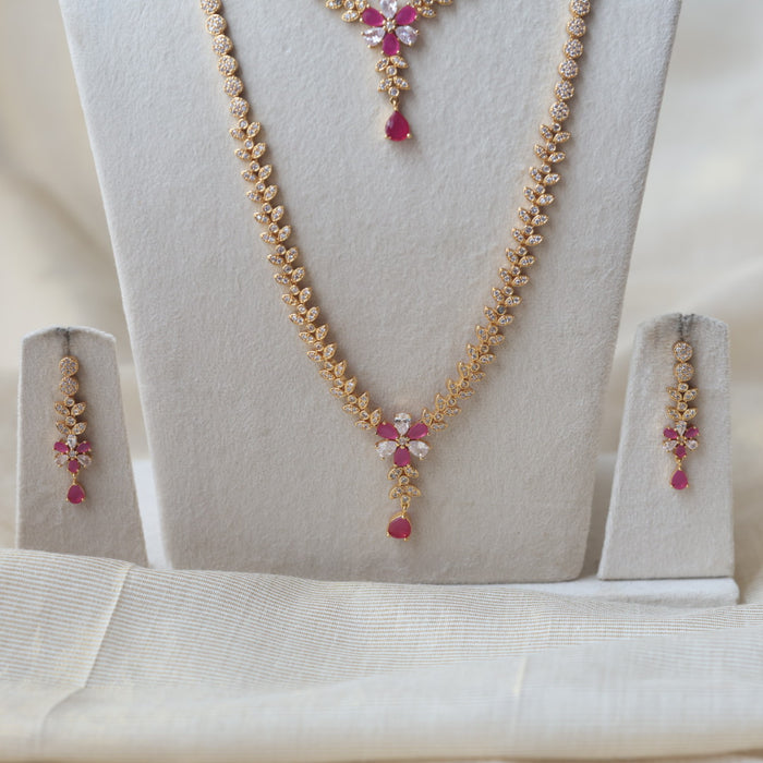 Heritage gold plated ruby white stone long and short necklace with earrings HLS1101