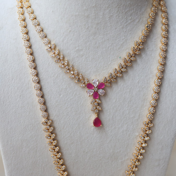 Heritage gold plated ruby white stone long and short necklace with earrings HLS1101