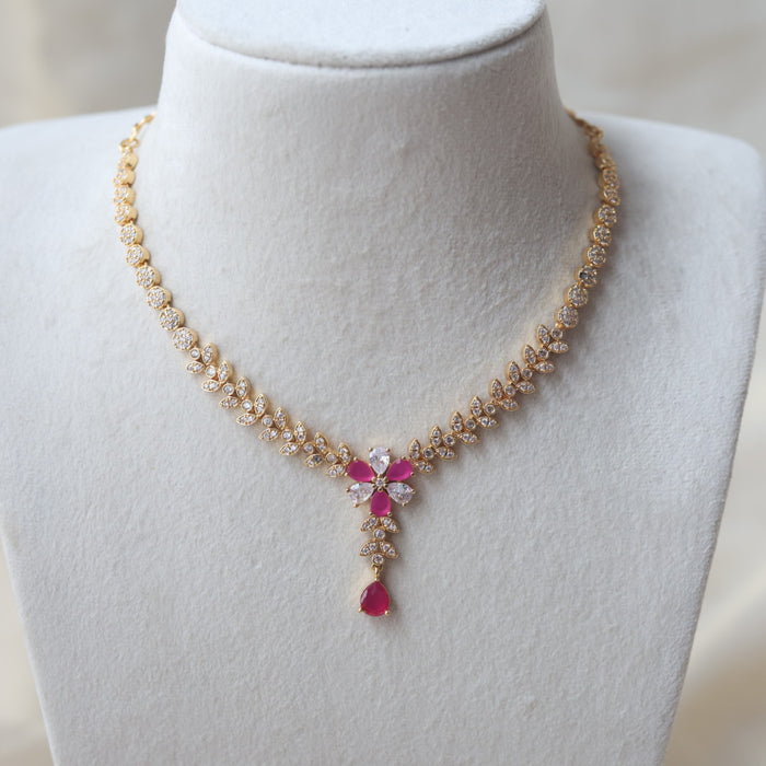 Heritage gold plated ruby white stone long and short necklace with earrings HLS1101