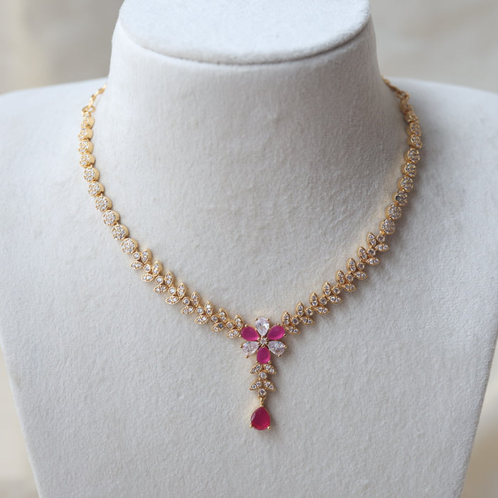 Heritage gold plated ruby white stone long and short necklace with earrings HLS1101