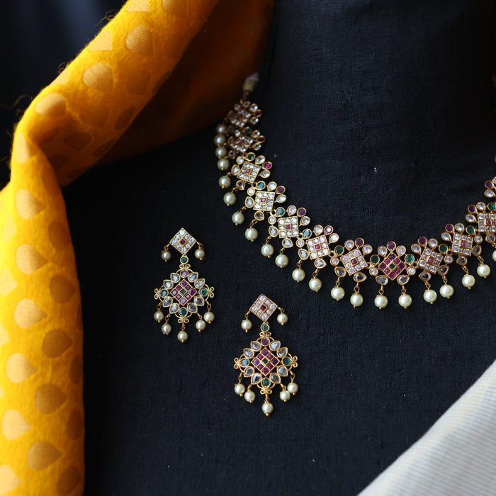 Antique pearl short necklace with earrings S1B1688