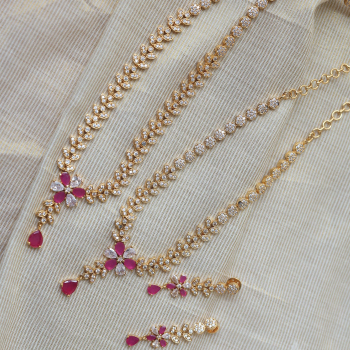Heritage gold plated ruby white stone long and short necklace with earrings HLS1101