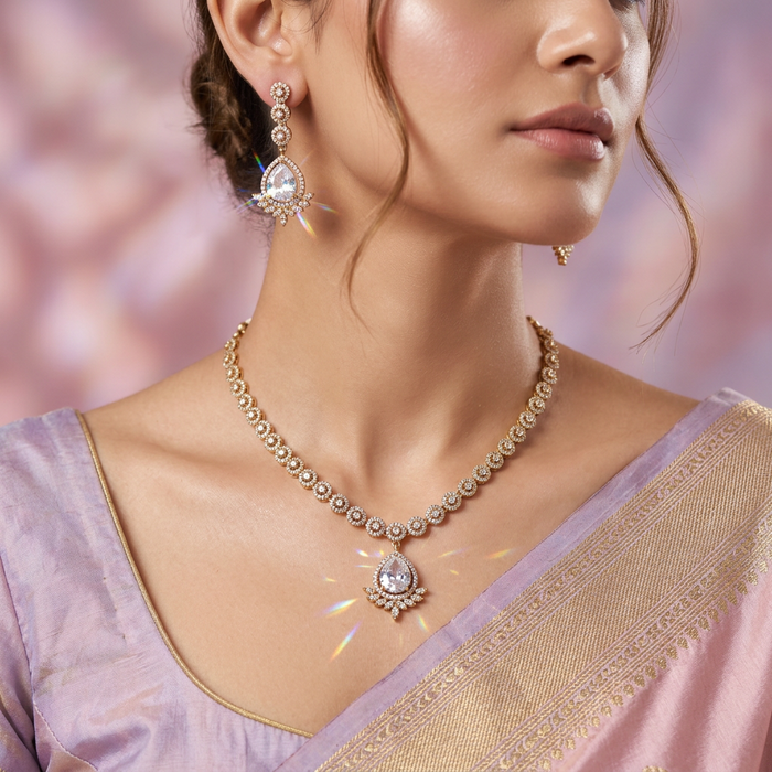 Victorian white stone short necklace with earrings V1057