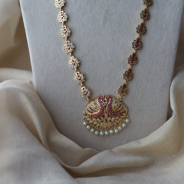 Heritage gold plated ruby white stone padakam long necklace HP0922