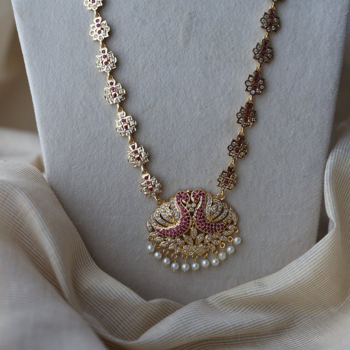 Heritage gold plated ruby white stone padakam long necklace HP0922