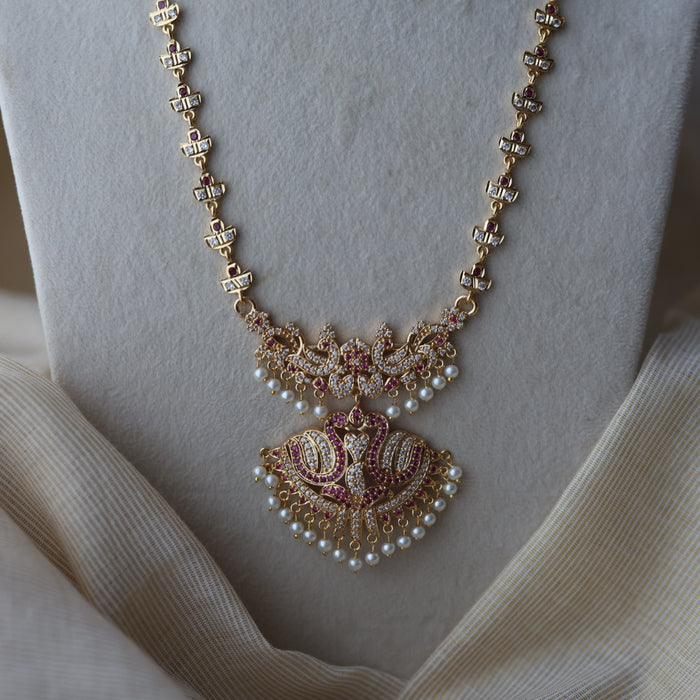 Heritage gold plated ruby white stone padakam long necklace HP8023