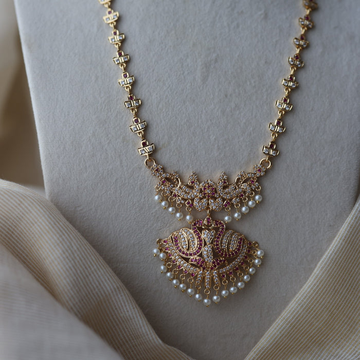 Heritage gold plated ruby white stone padakam long necklace HP8023