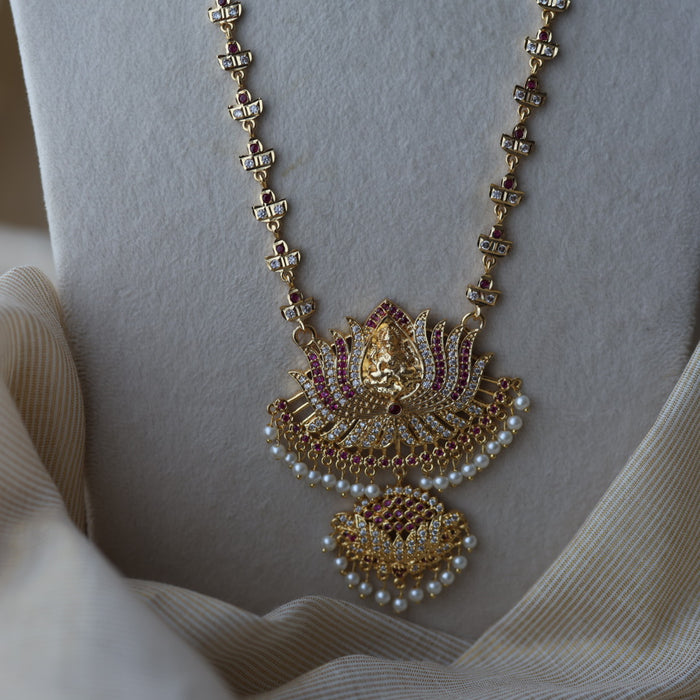 Heritage gold plated ruby white stone padakam long necklace HP7912