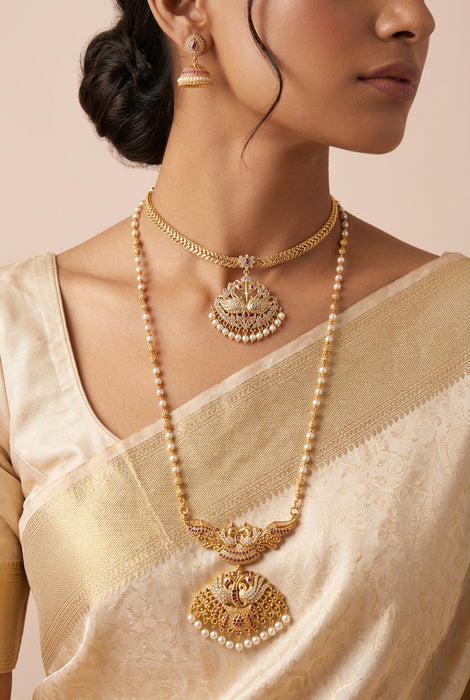 Heritage gold plated ruby white stone long and short necklace with earrings HLS1103