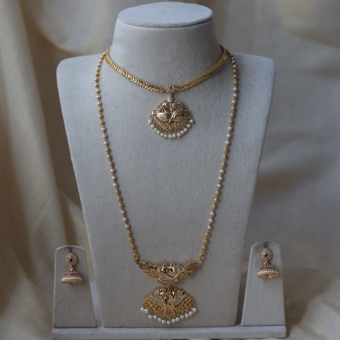 Heritage gold plated ruby white stone long and short necklace with earrings HLS1103