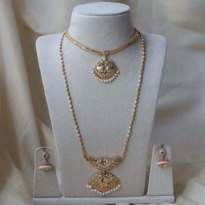 Heritage gold plated ruby white stone long and short necklace with earrings HLS1103
