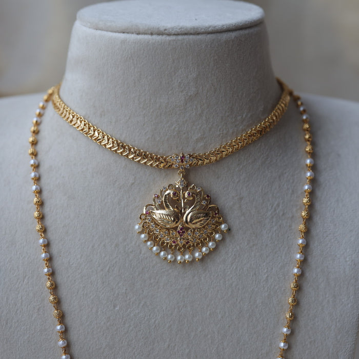 Heritage gold plated ruby white stone long and short necklace with earrings HLS1103