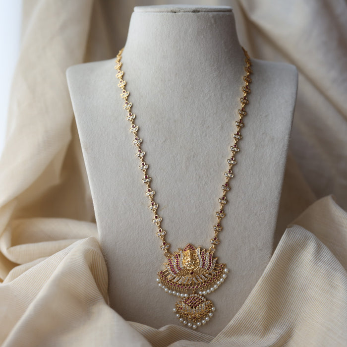 Heritage gold plated ruby white stone padakam long necklace HP7912