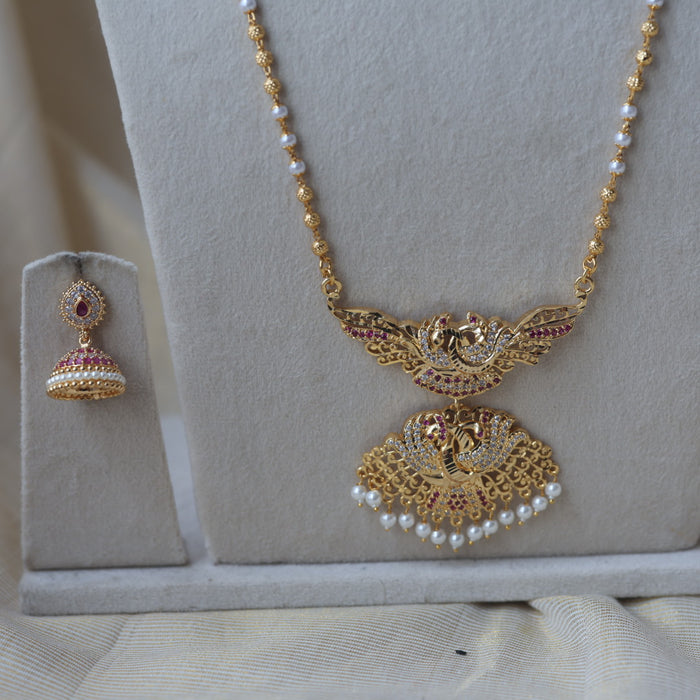 Heritage gold plated ruby white stone long and short necklace with earrings HLS1103