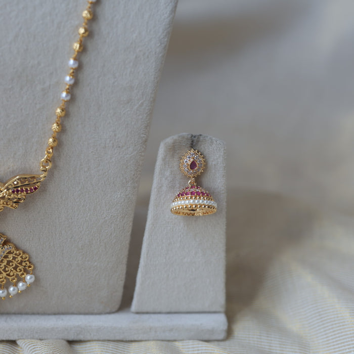 Heritage gold plated ruby white stone long and short necklace with earrings HLS1103