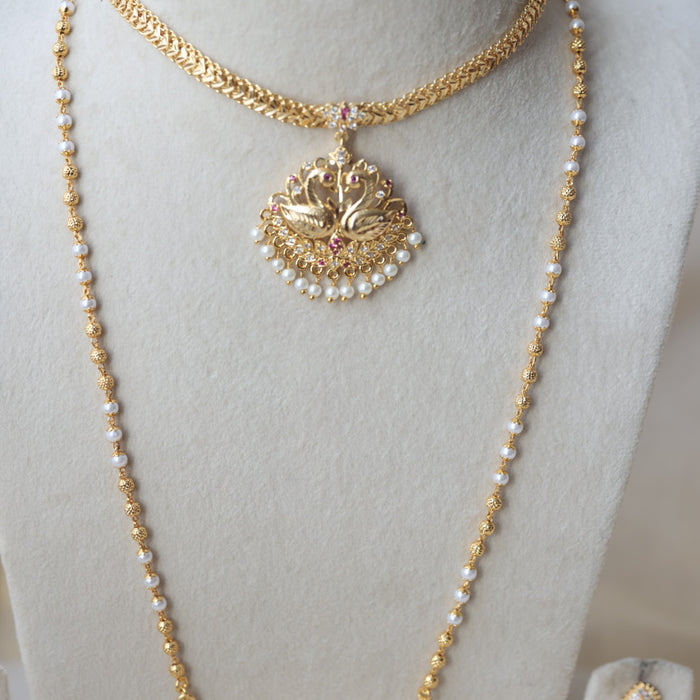 Heritage gold plated ruby white stone long and short necklace with earrings HLS1103