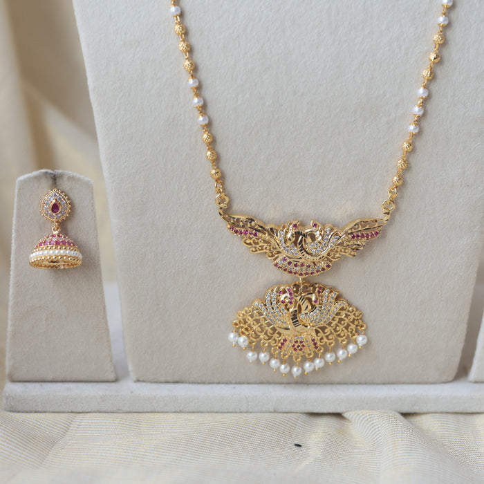 Heritage gold plated ruby white stone long and short necklace with earrings HLS1103