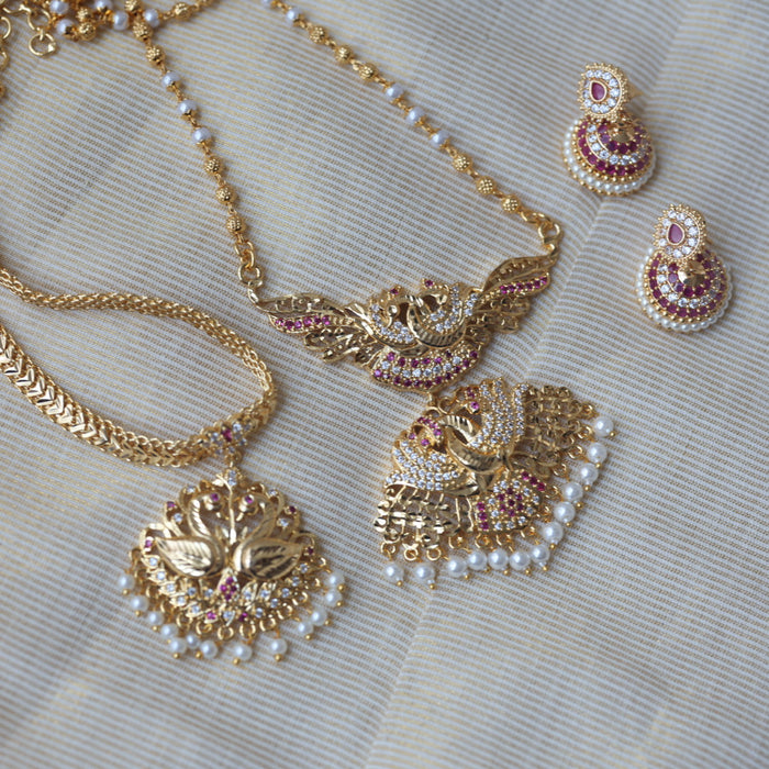 Heritage gold plated ruby white stone long and short necklace with earrings HLS1103