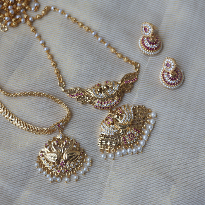 Heritage gold plated ruby white stone long and short necklace with earrings HLS1103