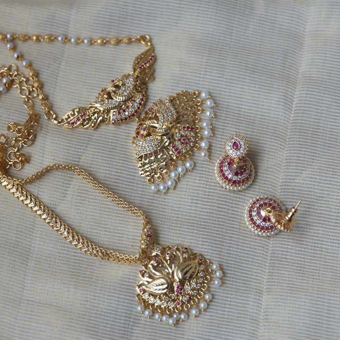 Heritage gold plated ruby white stone long and short necklace with earrings HLS1103