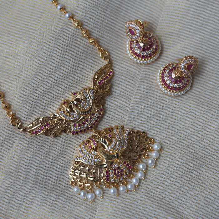 Heritage gold plated ruby white stone long and short necklace with earrings HLS1103