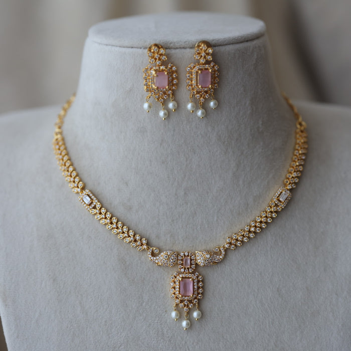 Heritage gold plated pink stone short necklace with earrings H7828
