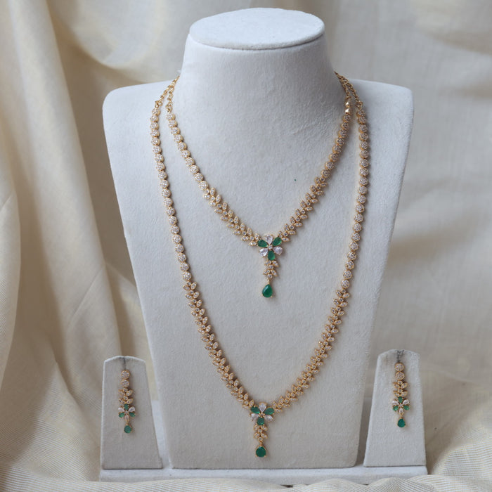 Heritage gold plated green and white stone long and short necklace with earrings HLS123