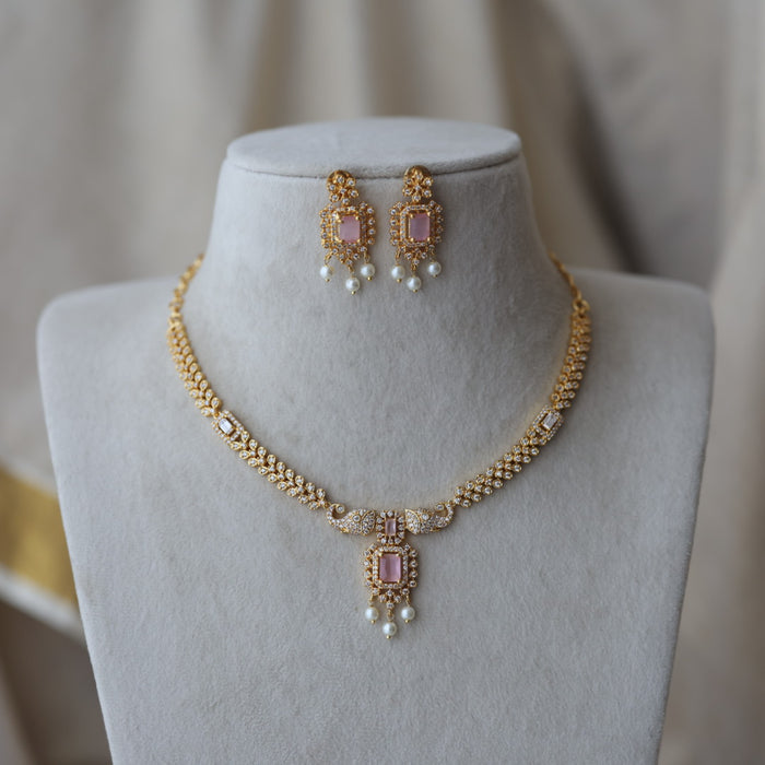 Heritage gold plated pink stone short necklace with earrings H7828