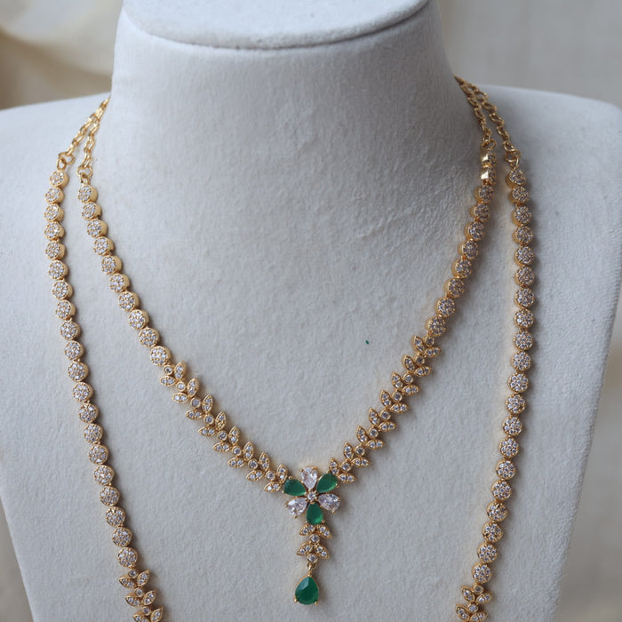 Heritage gold plated green and white stone long and short necklace with earrings HLS123