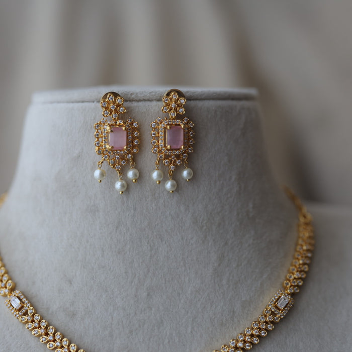 Heritage gold plated pink stone short necklace with earrings H7828