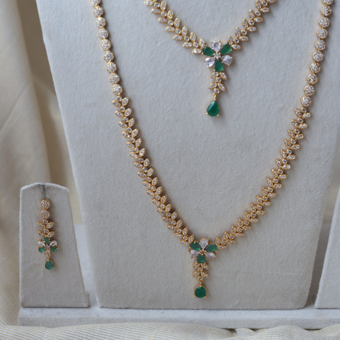 Heritage gold plated green and white stone long and short necklace with earrings HLS123