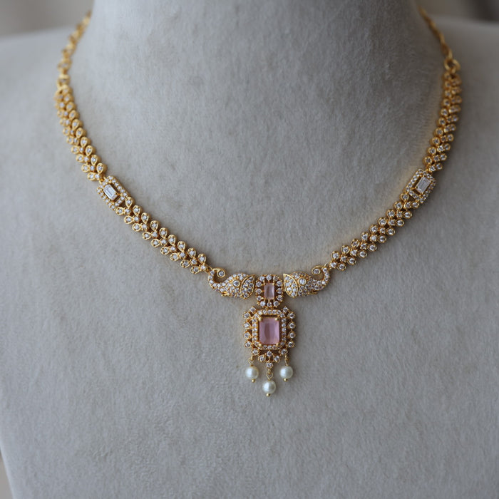Heritage gold plated pink stone short necklace with earrings H7828