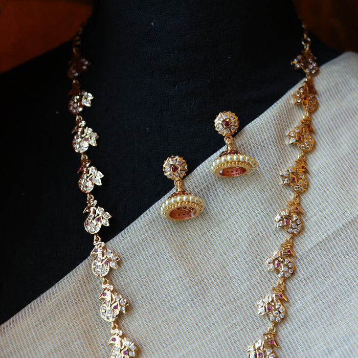Heritage gold plated white padakam long necklace with earrings HL166