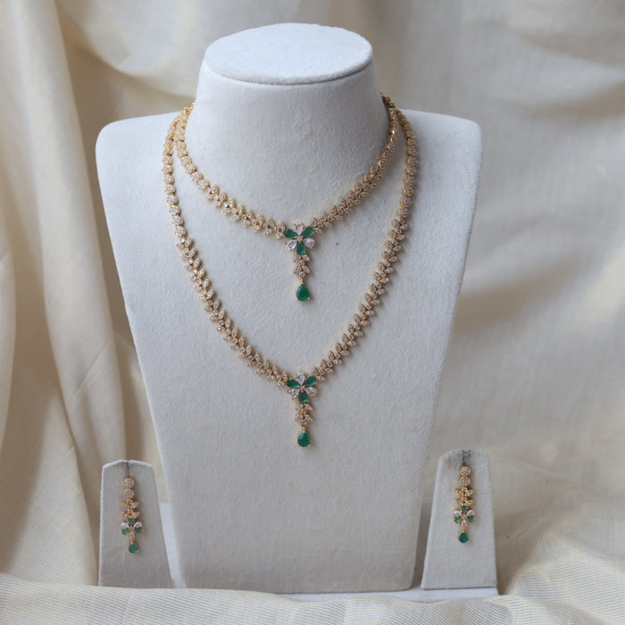 Heritage gold plated green and white stone long and short necklace with earrings HLS123