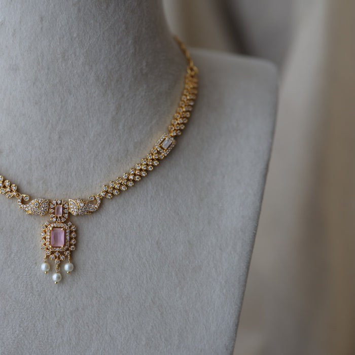 Heritage gold plated pink stone short necklace with earrings H7828